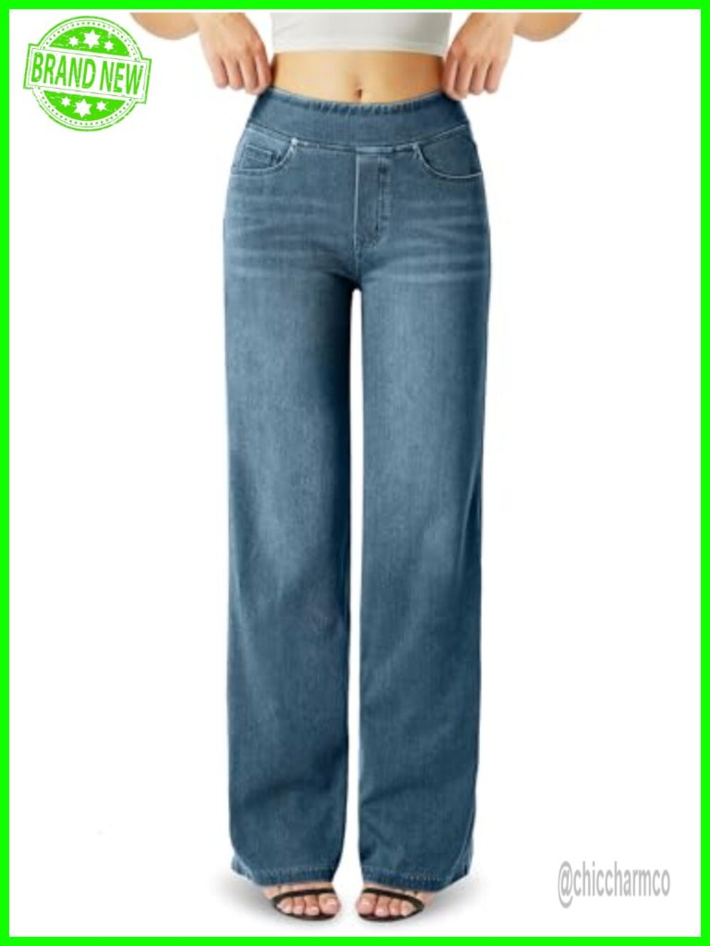 High Waisted Wide Leg Stretch Knit Denim Jeans Straight Leg Boyfriend Pockets